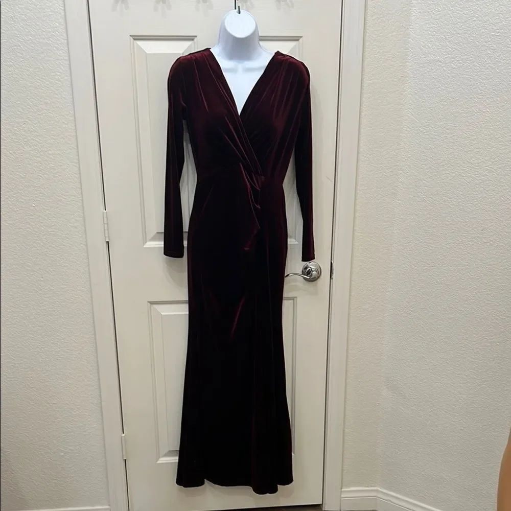 Migeer Red Burgundy Velvet V-Neck Long Sleeve Maxi Gown Slimming Ruched Waist